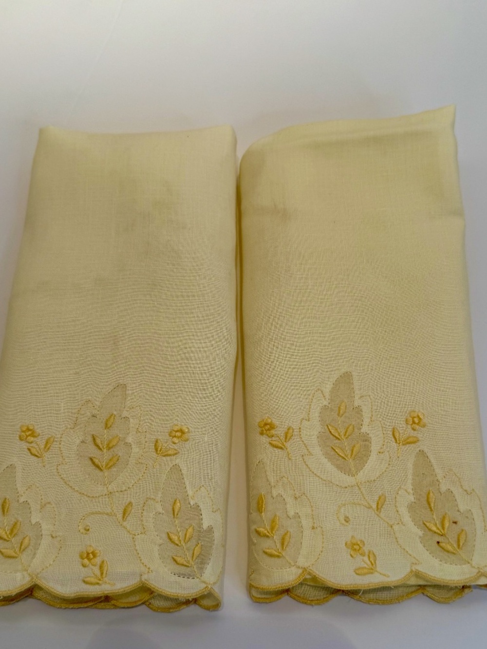 Pair Vintage Embroidered Pale Yellow Madeira Linen & Organza Fingertip Towels